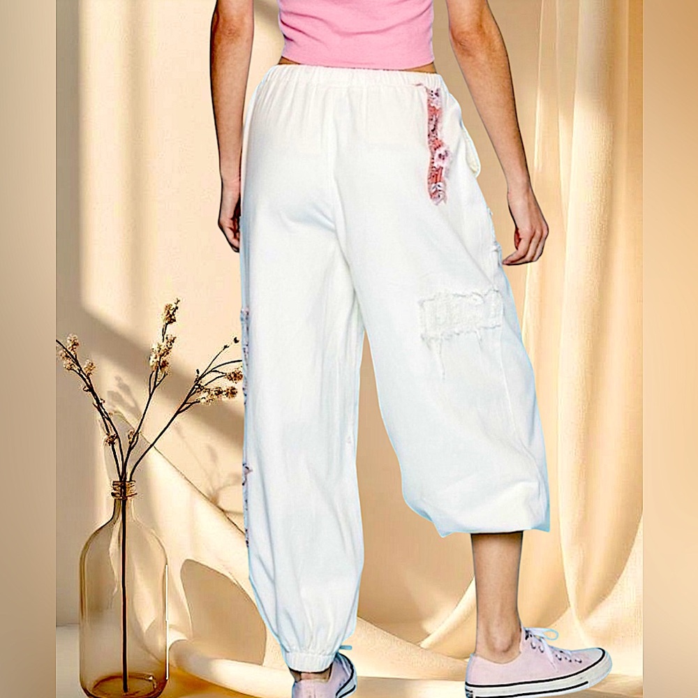POL Star Patchwork Ivory Joggers | Embroidered Elastic Waist Pants - Picture 3 of 11